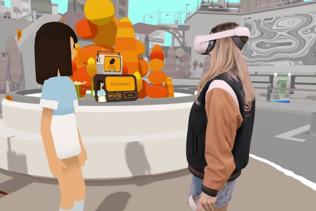 Noun Town game showing a female character wearing a VR headset talking to an NPC