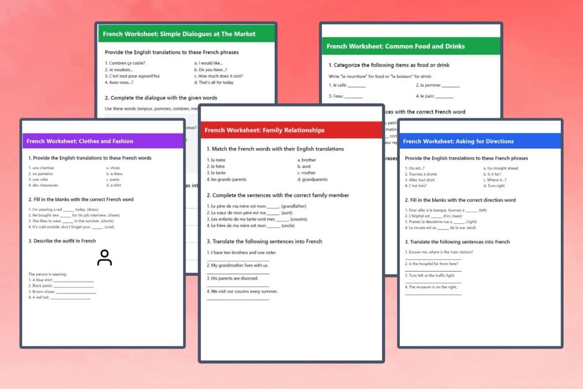 a compilation of French worksheets
