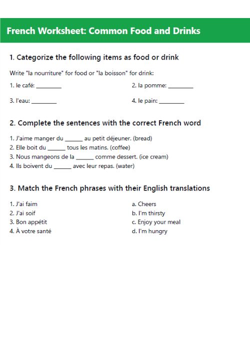 French worksheet with common food and drinks