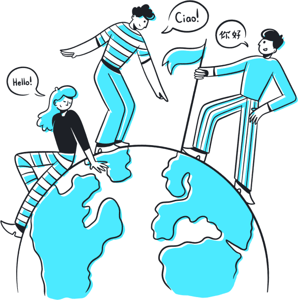 Illustration of three cartoon figures standing on a simplified globe. Each figure is saying hello in a different language - 'Hello!', 'Ciao!', and '你好' (Chinese for hello). The figures are drawn in a minimalist style with blue and black colors, representing diversity and global communication.
