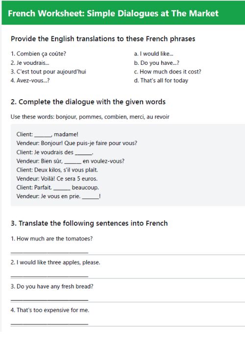 French worksheet with simple dialogues at the market