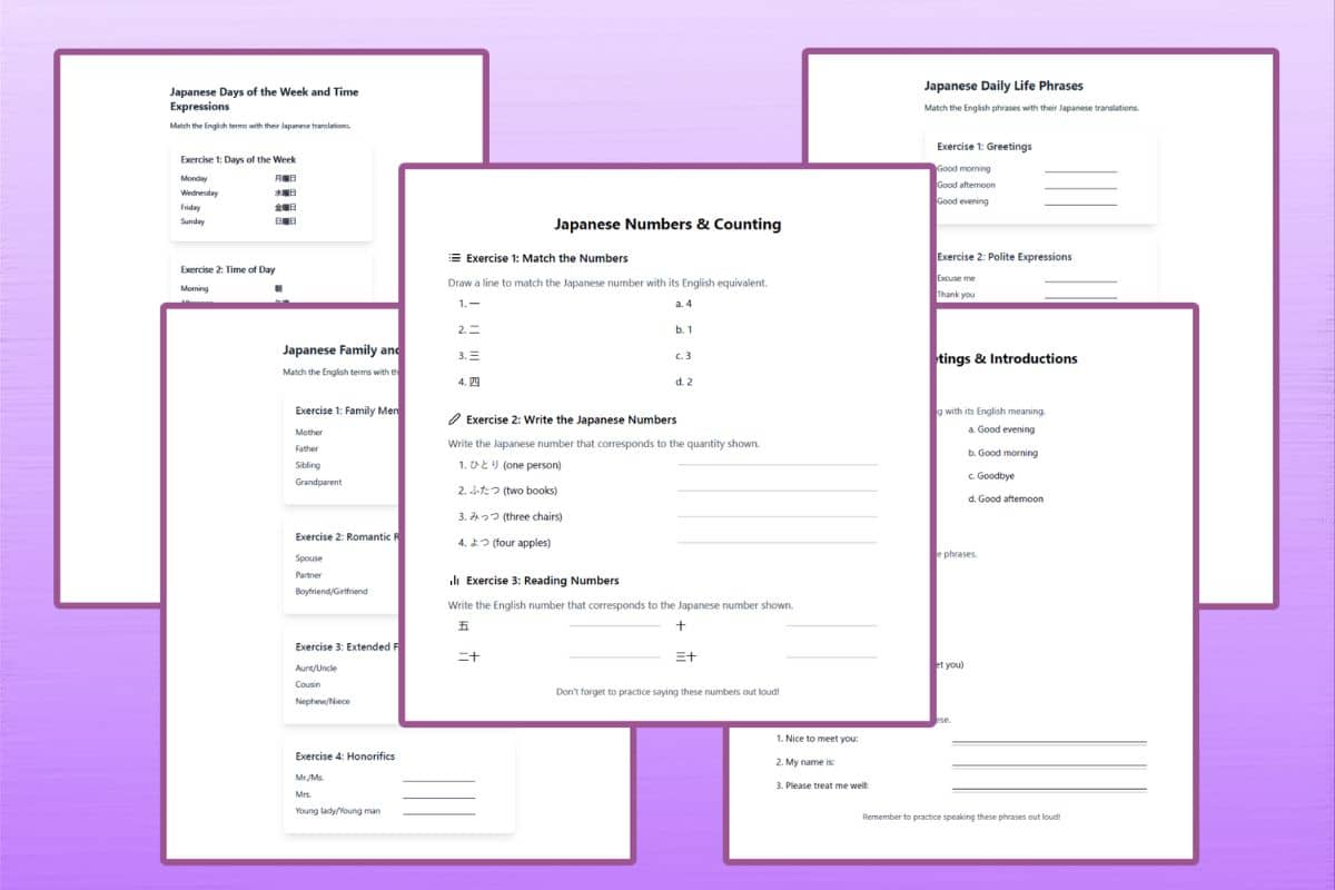 multiple Japanese worksheets for beginner learners