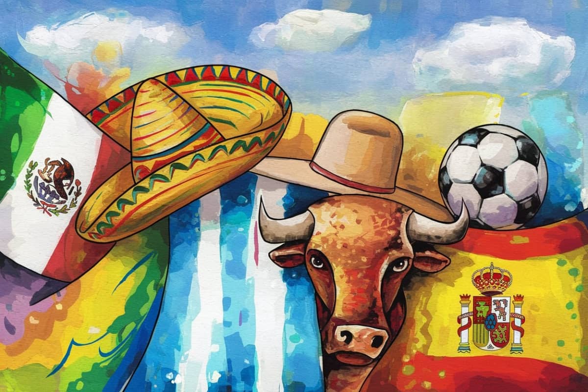 a colorful painting that blends symbols representing Mexican and Spanish cultures. On the left, there is a Mexican flag alongside a traditional Mexican sombrero. In the center, there is a bull wearing a wide-brimmed hat, which may symbolize Spain's connection to bullfighting. On the right, a soccer ball rests next to the Spanish flag with its coat of arms. The background features vibrant blue skies with abstract colors, giving the image a festive and cultural fusion feel.
