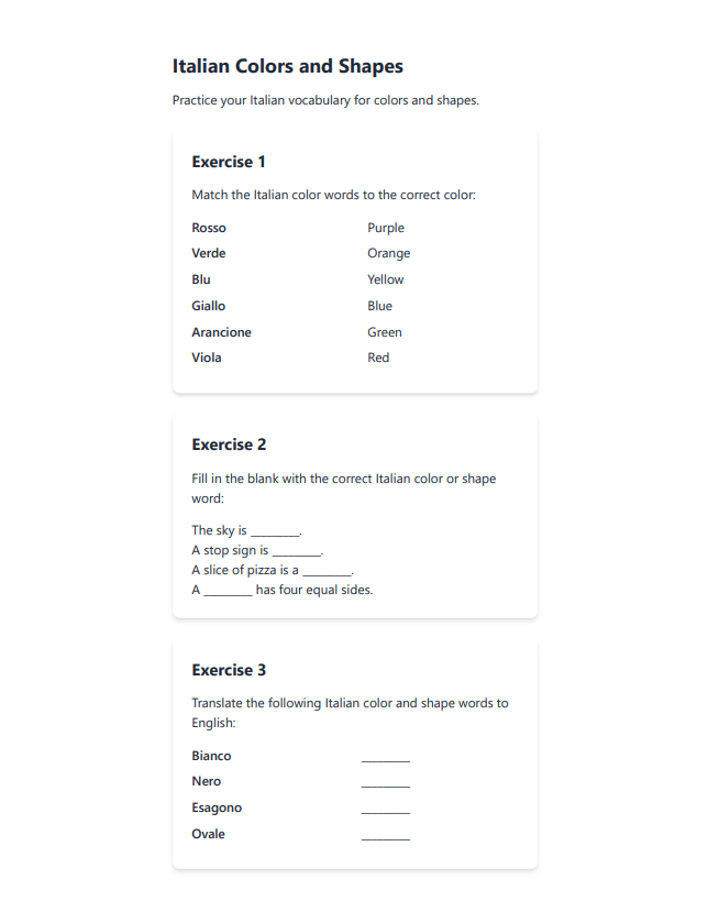 Italian worksheet on colors and shapes