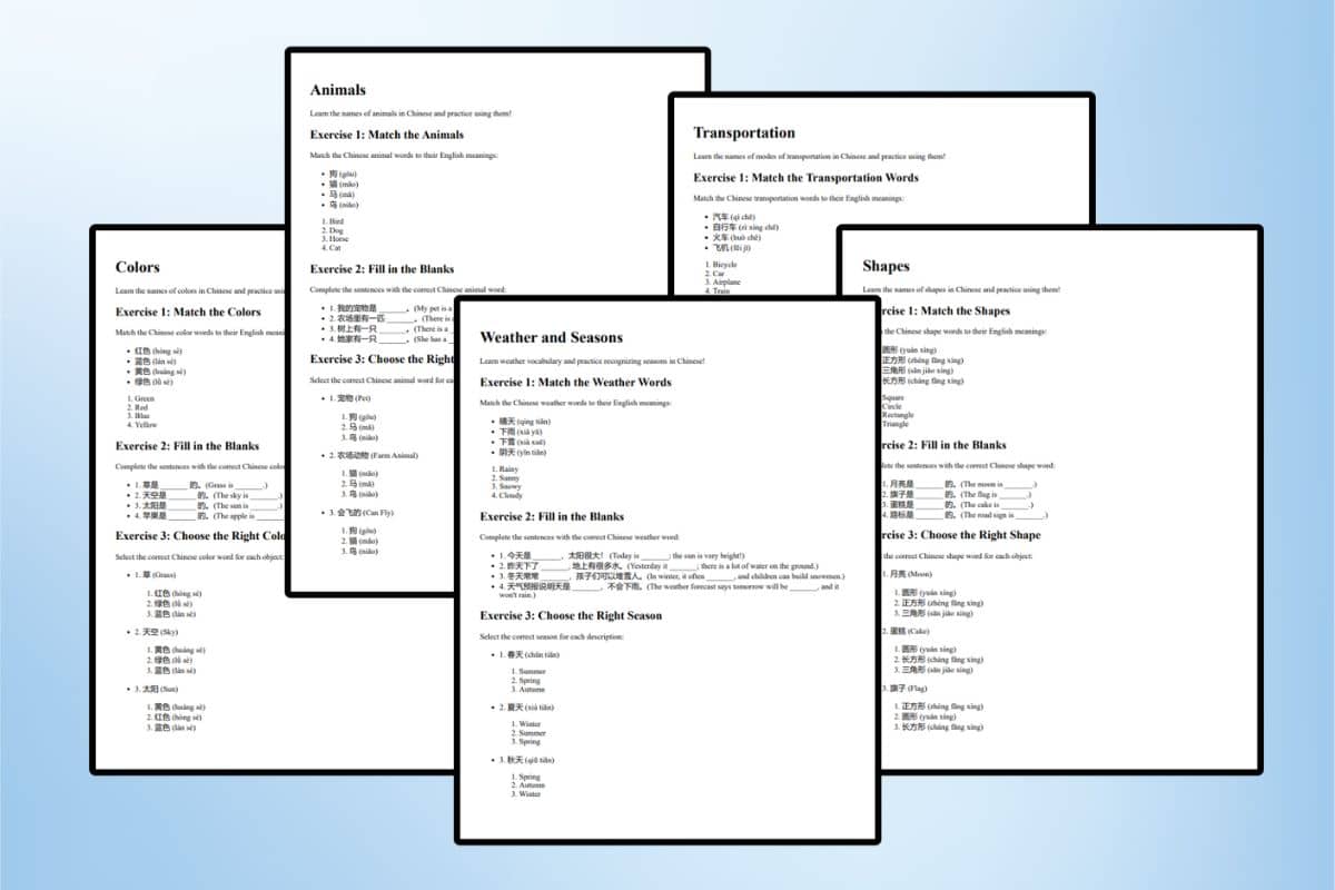 5 chinese worksheets for beginner learners