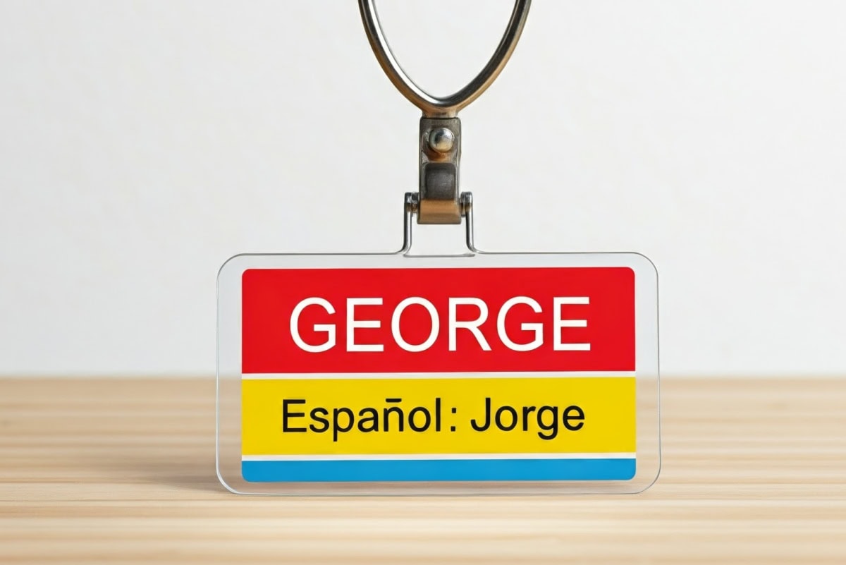 Name tag with English name, George, and Spanish name, Jorge.