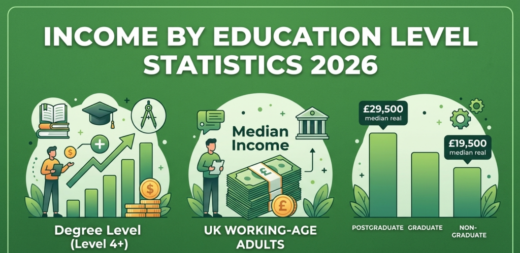 UK income by education level statistics for 2026 covering qualification distribution, regional attainment gaps, graduate earnings premiums, higher education enrollment trends, and OECD comparisons.