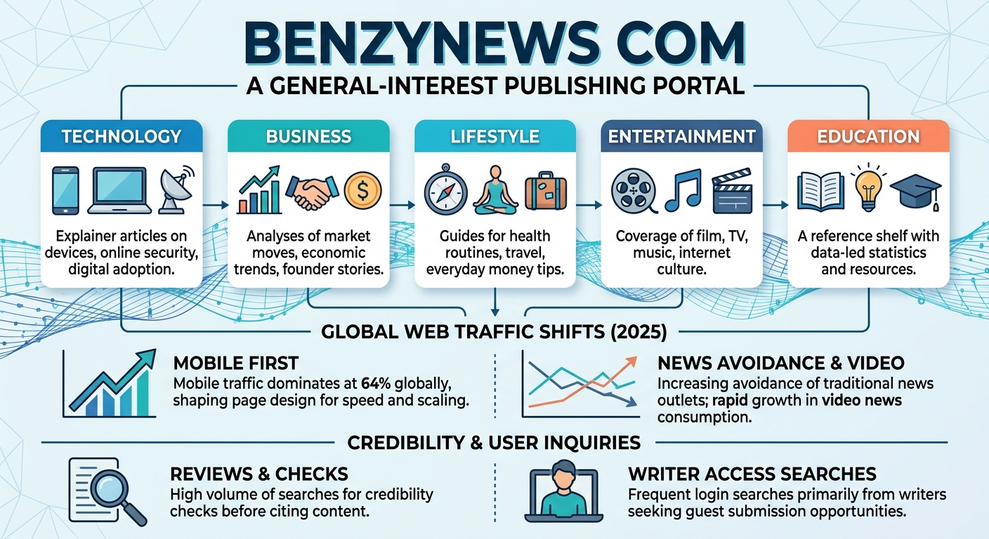 BenzyNews.com reliability overview showing its content categories, mobile traffic data, news consumption statistics, credibility checks, and research-use guidance.