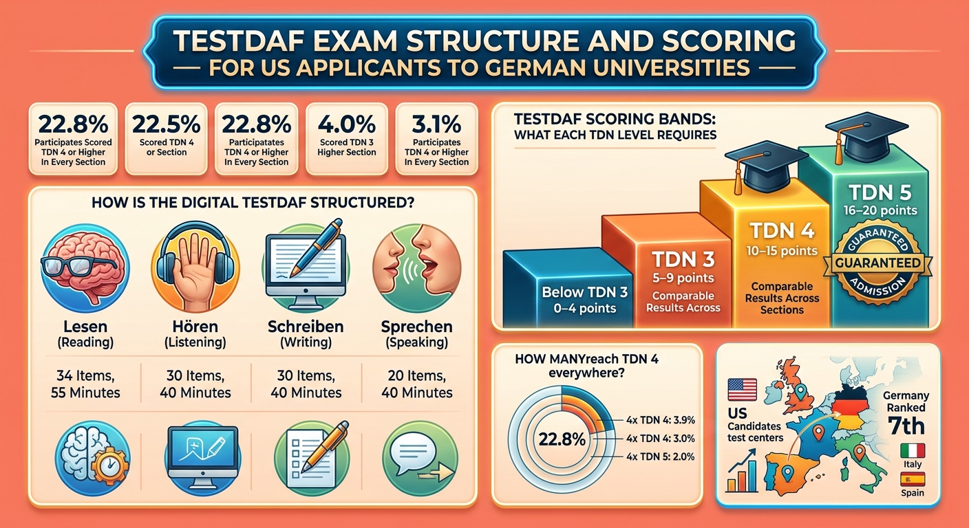TestDaF exam structure and scoring statistics for 2026, showing section timings, TDN score bands, participant results, annual test volumes, and US study-abroad destinations.